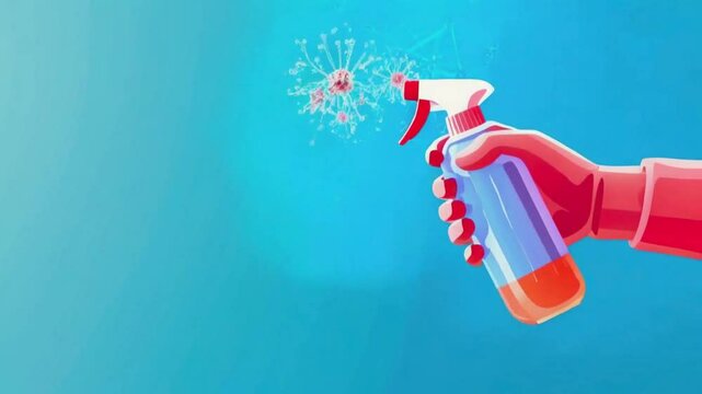 A hand holding a spray bottle, releasing particles symbolizing germs or viruses.