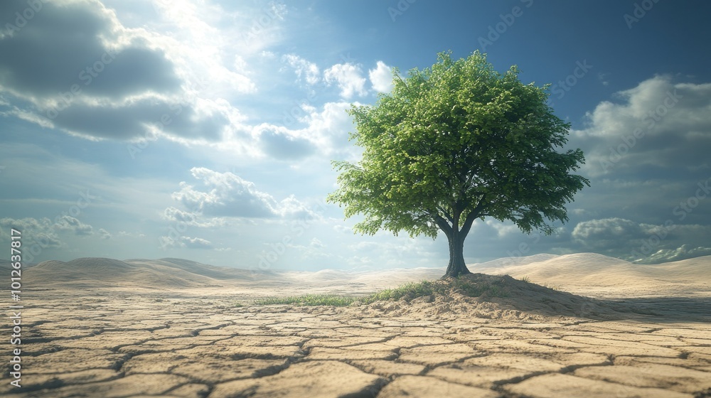 Poster a dynamic image showing a lush 3d tree in the foreground with a backdrop of parched land, representi