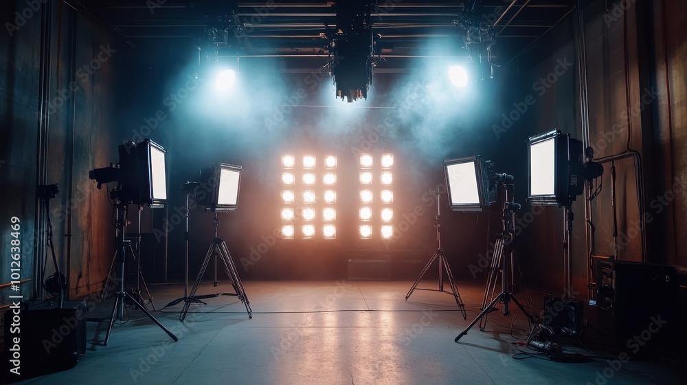 Poster lighting ramp with powerful spotlights for creating artificial lighting when working in the theater,