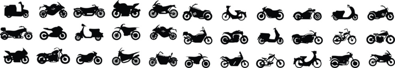 Obraz premium Motorbike set. Motor transport, motorcycle delivery, motor cycle for motocross, bicycle activity, engine. Modern vehicles, scooter, bikes and choppers. Vector illustration. Motor or heavy bike