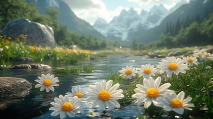 Calm riverbank with wildflowers in bloom, shot from a close-up perspective, highlighting the natural beauty and serenity 