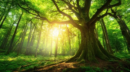 Obraz premium Mystical forest with glowing plants and towering ancient trees