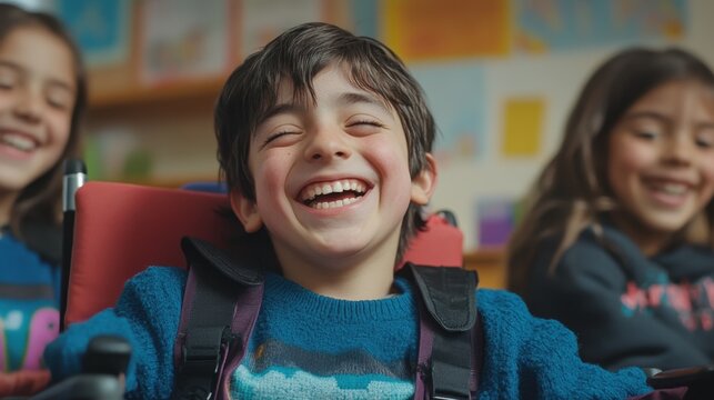 A heartwarming image of a smiling disabled child in a wheelchair, surrounded by classmates in a colorful classroom. The child joy radiates, promoting inclusivity and friendship.