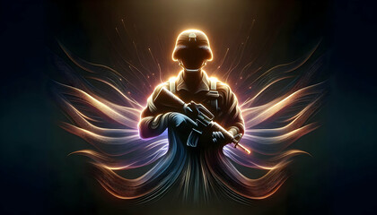 Fototapeta premium 3D Glowing silhouette of a soldier with abstract background concept as A powerful advertisement featuring the glowing silhouette of a soldier standing against an abstract colorful background. The digi