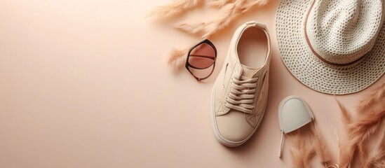 A flat lay of a pair of beige sneakers, a straw hat, sunglasses and a white phone case on a light pink background, decorated with dried fluffy plants.