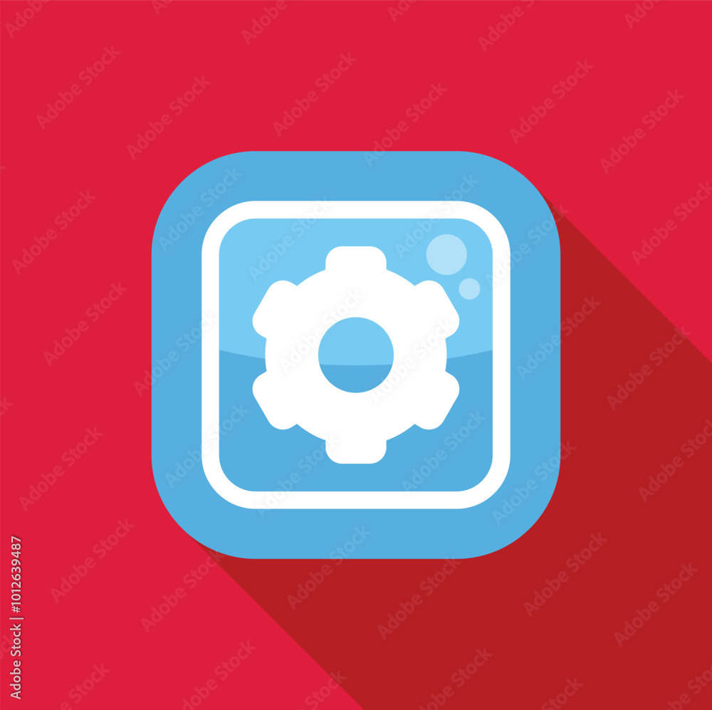 Poster blue rounded square app icon with a white cogwheel symbol on a red background, depicting concepts su
