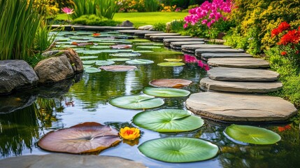 A stone walkway running alongside a pond, with lily pads floating on the water and colorful flowers blooming on the banks, creating a tranquil garden scene.