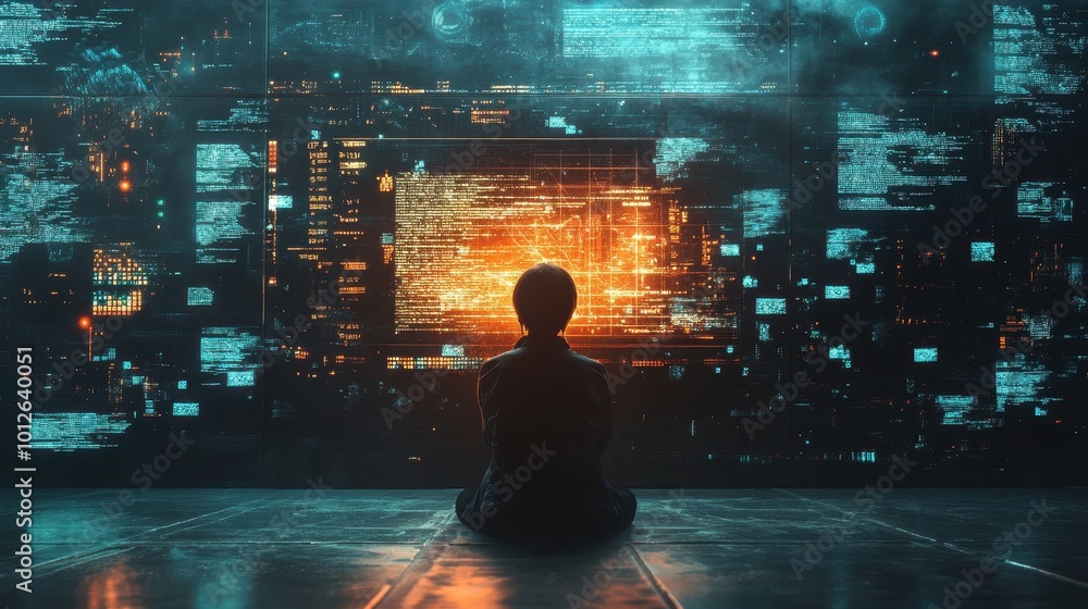 Poster a person analyzes digital data on a glowing screen in a dark space