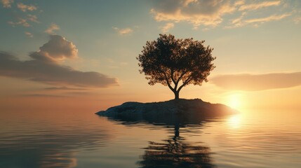 A serene scene of a heart tree on a floating island amidst a calm sea, reflecting the tree silhouette in the water, promoting themes of love and peace.