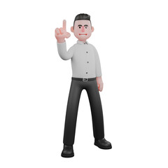 3D Strategy Businessman Male. A male businessman is standing with his left leg behind his body and his right hand is raised pointing up. Professional Illustration