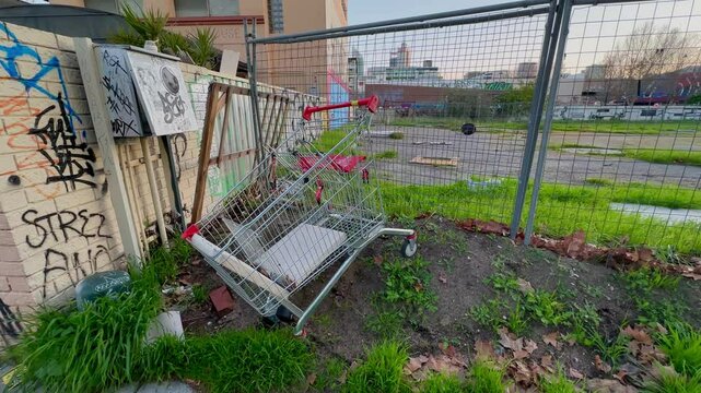 Apocalypse junkyard shopping trolley abandoned graffiti wall Perth, Northbridge