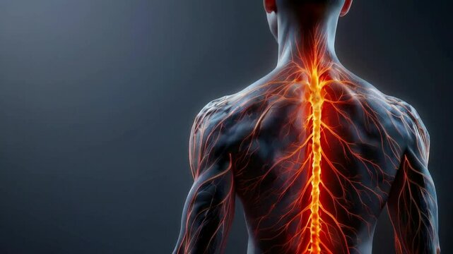 A visual representation of the human nervous system with glowing pathways along the spine.