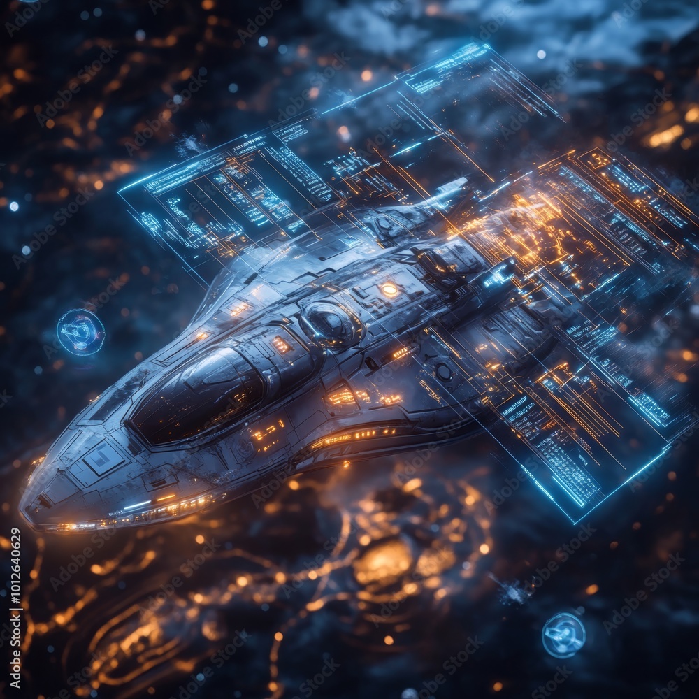 Poster futuristic spaceship with holographic interface in space