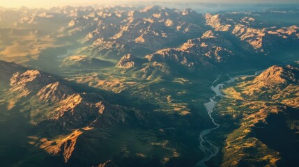 Obraz premium A stunning aerial view of Earth showcasing diverse landscapes, including mountains, forests, rivers, and deserts, highlighting the beauty of nature elements.