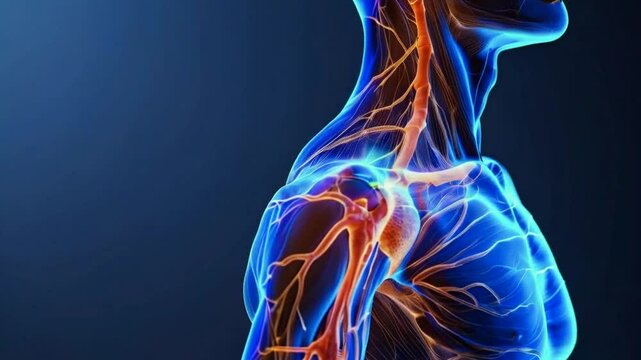 A digital illustration of the human shoulder and vascular system in vibrant colors.