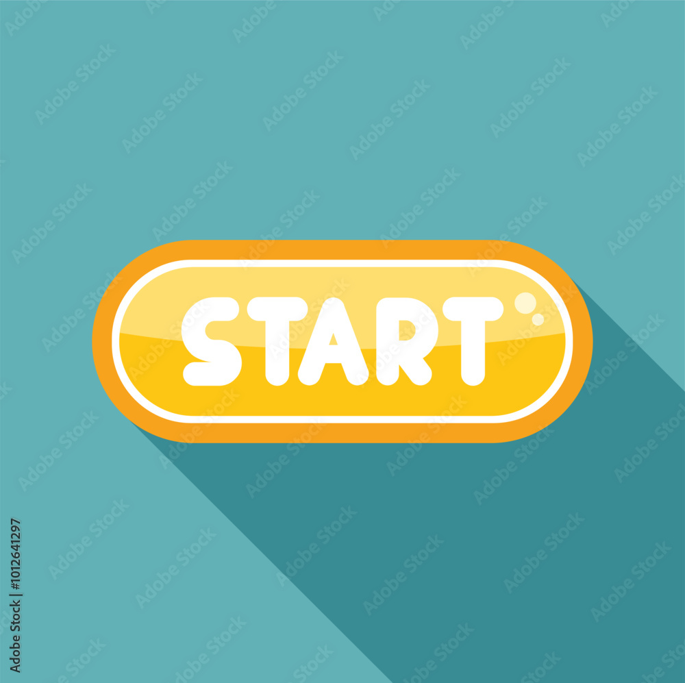 Poster yellow rounded start button casting a long shadow on a turquoise background