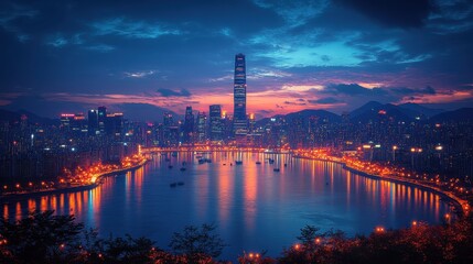 Fototapeta premium Colorful city skyline at dusk with illuminated buildings, viewed from a distance, showcasing the dynamic urban environment against a deep blue sky 