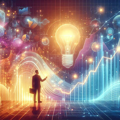 Flat Abstract Glowing Investment Growth Concept: Vibrant Digital Art with Lines and Graphs Symbolizing Prosperity and Financial Success in Modern Business