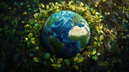 A vibrant image of a globe covered in lush greenery, with tree saplings placed around it, promoting the message of ecological awareness and the need for sustainable practices.