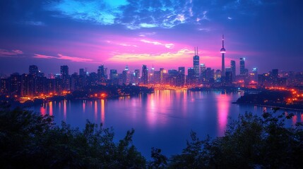 Fototapeta premium Colorful city skyline at dusk with illuminated buildings, viewed from a distance, showcasing the dynamic urban environment against a deep blue sky 