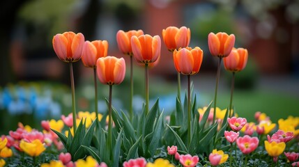 Obraz premium Colorful flowers blooming in spring, captured from a close-up perspective, emphasizing the details and vibrancy 