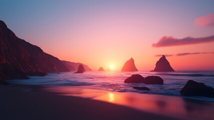 A tranquil coastal scene at sunset, featuring sea stacks and gentle waves, evoking peace. Real Beauty Landscape Concept