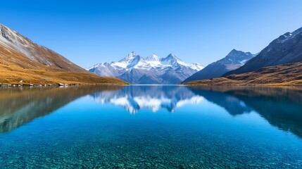 Naklejka premium A stunning alpine lake reflecting jagged snow-capped peaks under a clear blue sky. The tranquil atmosphere invites peace. Real Beauty Landscape Concept