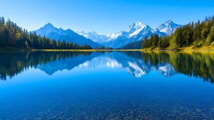 A crystal clear alpine lake reflects snow-capped mountains and lush forests, evoking serenity in nature. Real Beauty Landscape Concept