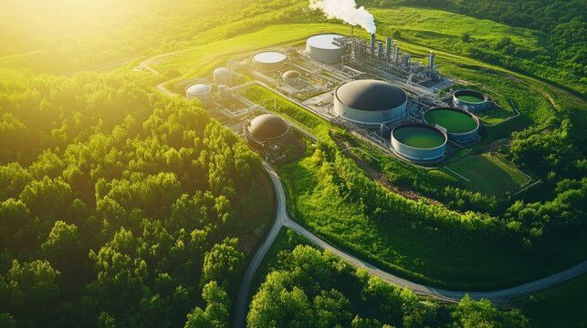 Aerial view of a hydrogen production plant integrated with green landscapes, symbolizing the alternative energy industry and its role in the future. Copy space available