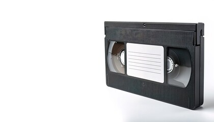 Obraz premium blank VHS - Video Home System - analog video recording on tape cassette. also made in Beta Max version. played on a VCR video recorder. Blank white label isolated on white background with copy space