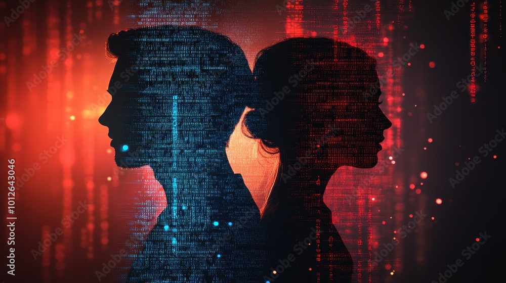 Poster silhouette of a man and woman in profile, set against a digital code background with blue and red co