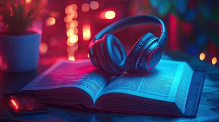 Headphones sitting atop an open book, with a glowing tablet next to it, hinting at digital learning or a combination of reading and listening to audiobooks.