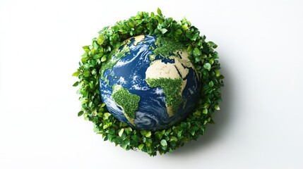 An artistic representation of a globe map intertwined with lush green foliage, highlighting the message of investing in our planet health, set against a clean white backdrop.