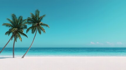 Obraz premium A tropical beach scene featuring two swaying palm trees, crystal-clear turquoise water, sandy shore and bright sky creating a calm, serene atmosphere. Real Beauty Landscape Concept