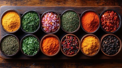 Colorful spices arranged on a wooden table, viewed from an overhead perspective, highlighting the diversity and vibrancy 