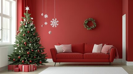 Cozy Red Living Room with Christmas Decor