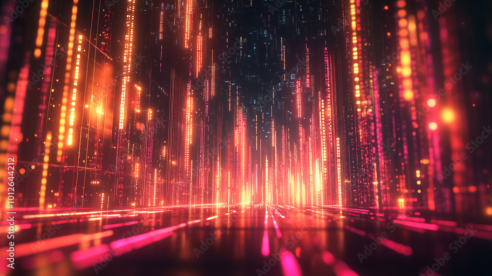 Poster futuristic cyberpunk city with glowing neon data streams and advanced digital architecture