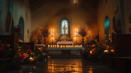 Fototapeta premium night scene in Toussaint, the old church is lit by candles inside, the congregation prays fervently while placing flowers on the altar, Ai generated images