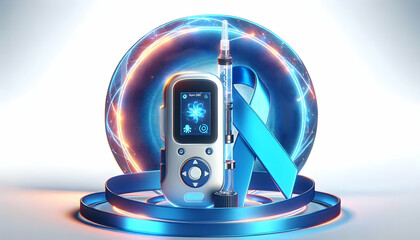 3D Holographic Insulin Pump and Blue Ribbon with Copy Space for Diabetes Awareness - Modern Symbolism of Diabetes Care on Clean White Background