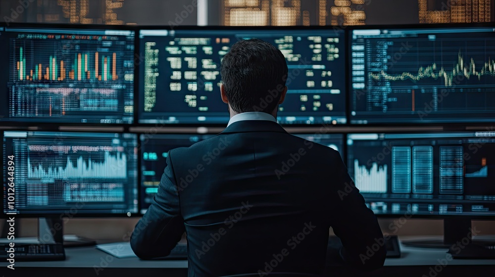Poster businessman in a suit studying multiple monitors with real-time financial data, creating a strategy 