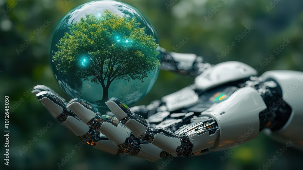 Poster in a robot's hand there is a globe and a tree, with an icon of the environment. it represents green 