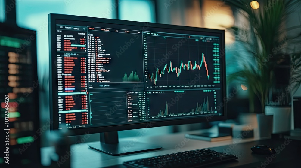 Poster close-up of a computer screen showing volume analysis and technical indicators for professional trad
