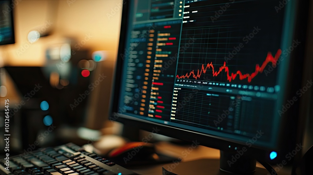 Poster close-up of a computer screen showing volume analysis and technical indicators for professional trad