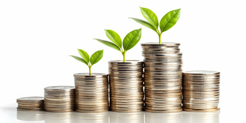A stack of coins topped with a small plant sprout symbolizing investment growth isolated on white. concept as Close up shot of coins with a green sprout emerging from the top; camera emphasizes the co