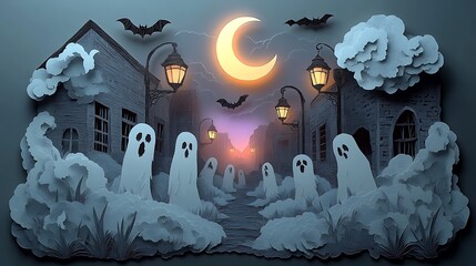 Ghostly figures drifting through a haunted alleyway, paper-cut style, crescent moon glowing above, eerie fog rolling in, bats flying in the distance, intricate layered paper details, sharp cuts,
