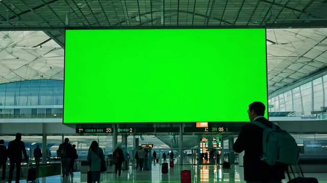 A large green screen billboard in a bustling airport terminal, perfect for digital advertisements, flight information, or public announcements.
