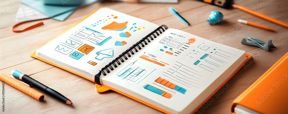 Poster open notebook with hand-drawn charts and diagrams.
