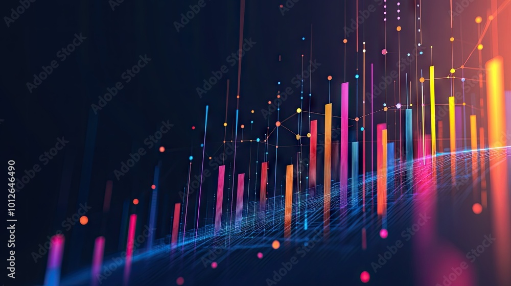 Poster colorful bar graph with rising and falling data, connected by dots, visualizing business performance