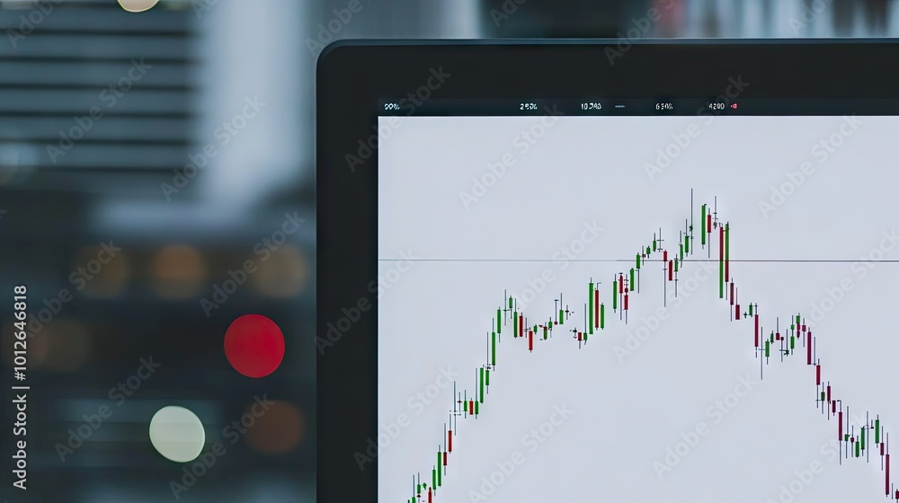 Poster computer screen featuring professional technical analysis with volume indicators, candlestick charts