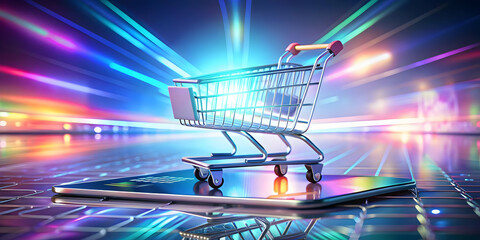 Holographic Credit Card Levitation Above Glowing Shopping Cart with Ample Copy Space for Modern Shopping and Digital Payment Concepts